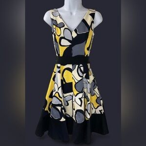 Rena Rowan Yellow and Black Abstract Midi Dress
